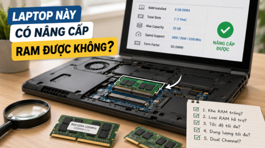 Laptop mở nắp đáy để kiểm tra khe RAM trước khi nâng cấp RAM