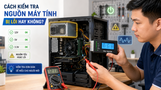 Kỹ thuật viên kiểm tra bộ nguồn máy tính PC để phát hiện lỗi nguồn