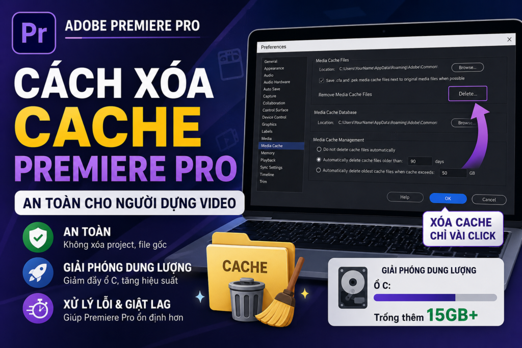 Hướng dẫn cách xóa cache Premiere Pro an toàn để giải phóng ổ C cho người dựng video