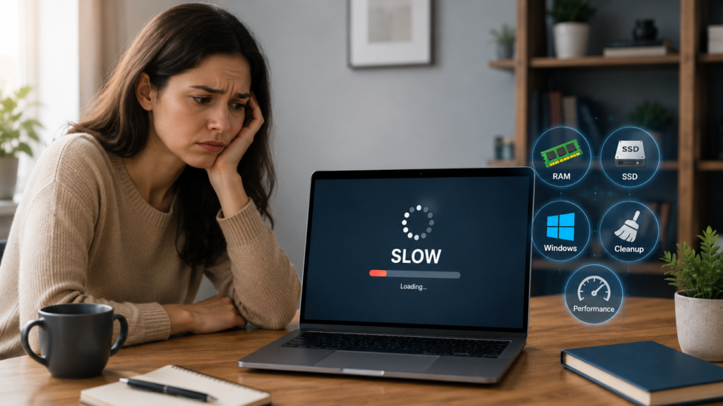 Laptop hiển thị trạng thái loading chậm sau một thời gian sử dụng kèm biểu tượng RAM, SSD và Windows