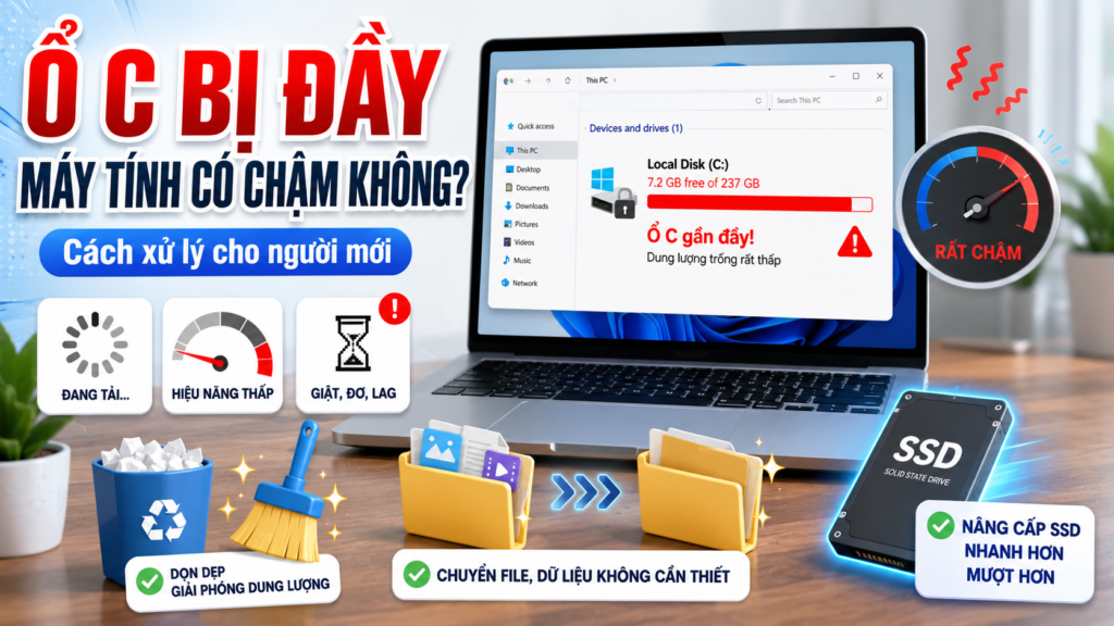Ảnh minh họa ổ C bị đầy khiến máy tính chạy chậm, kèm các cách xử lý như dọn dẹp file rác, chuyển dữ liệu và nâng cấp SSD
