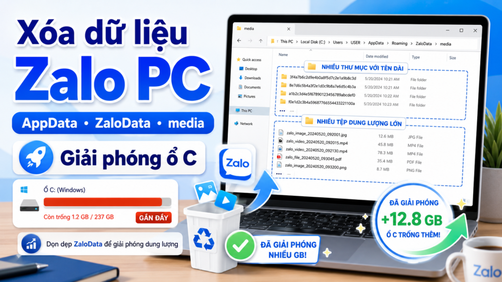 Cách xóa dữ liệu Zalo PC trong AppData, ZaloData và thư mục media để giải phóng dung lượng ổ C trên Windows