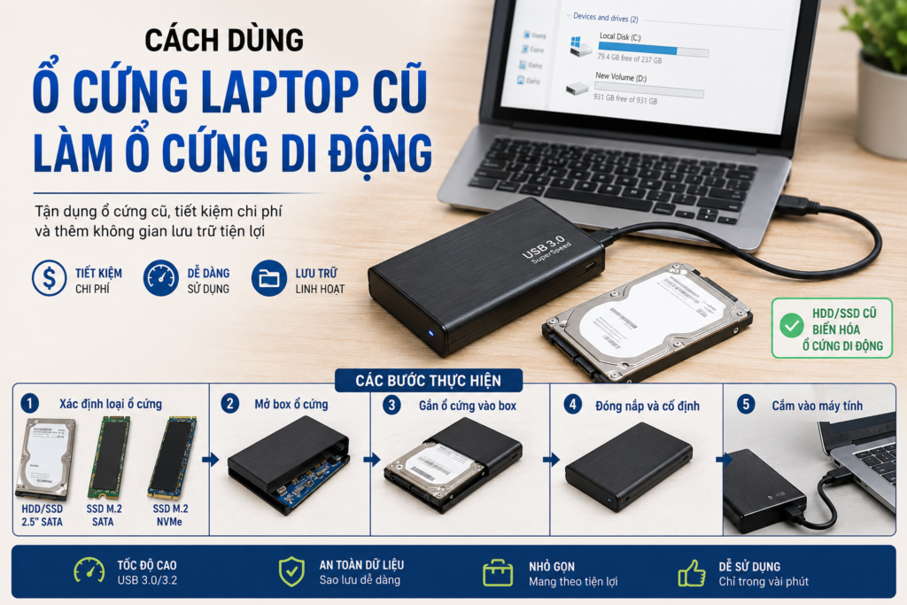 Biến ổ cứng laptop cũ thành ổ cứng di động bằng box USB