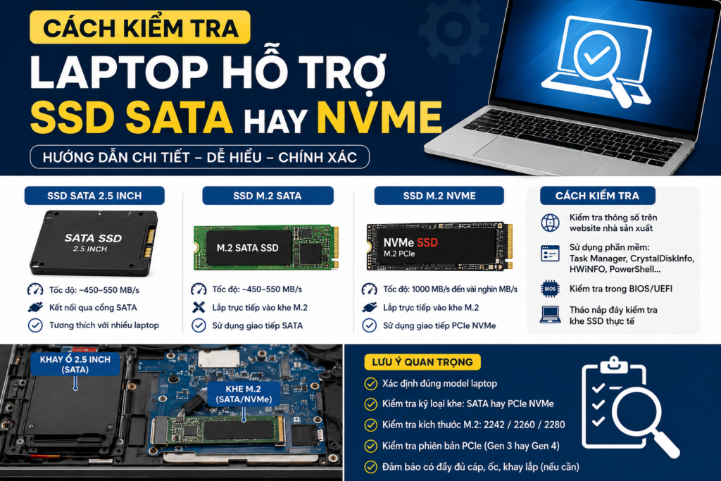 Cách kiểm tra laptop hỗ trợ SSD SATA hay NVMe trước khi nâng cấp
