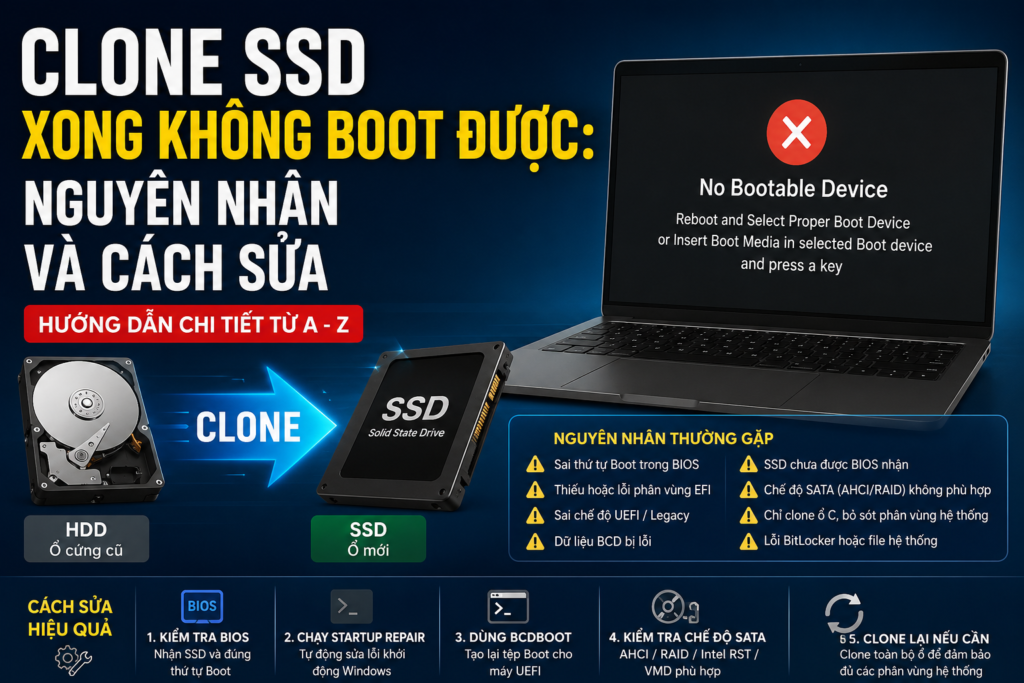 Máy tính không boot được sau khi clone Windows từ ổ cứng cũ sang SSD mới