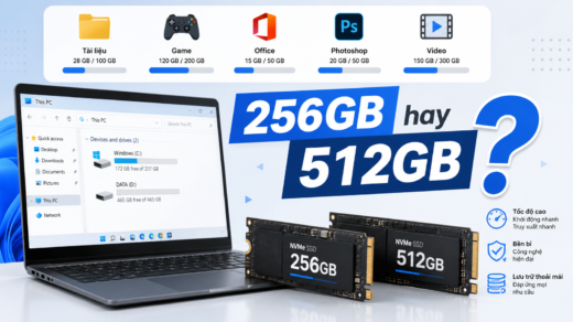 SSD 256GB và SSD 512GB đặt cạnh nhau cùng biểu tượng dung lượng lưu trữ trên laptop Windows