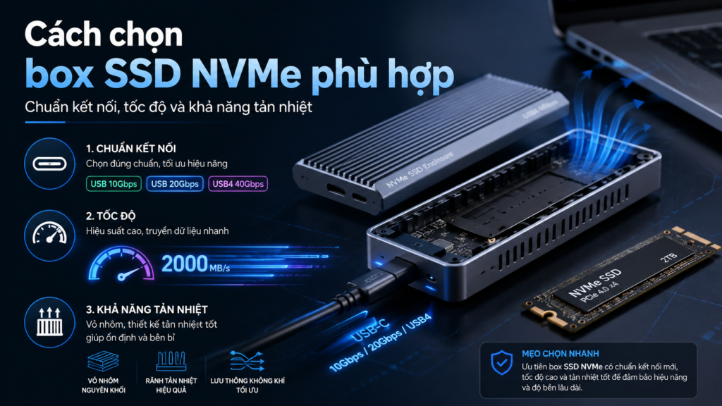 Cách chọn box SSD NVMe phù hợp dựa trên chuẩn kết nối, tốc độ truyền dữ liệu và khả năng tản nhiệt