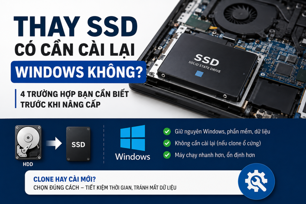 Kỹ thuật viên thay ổ SSD cho laptop với màn hình hiển thị Windows đang hoạt động