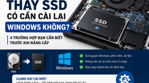 Kỹ thuật viên thay ổ SSD cho laptop với màn hình hiển thị Windows đang hoạt động